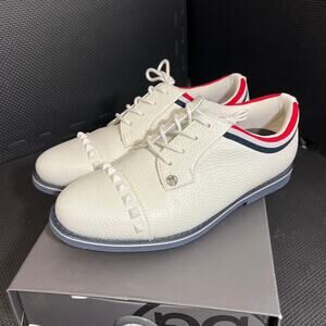 G/FORE White Leather Golf Sneakers with Navy & Red Trim